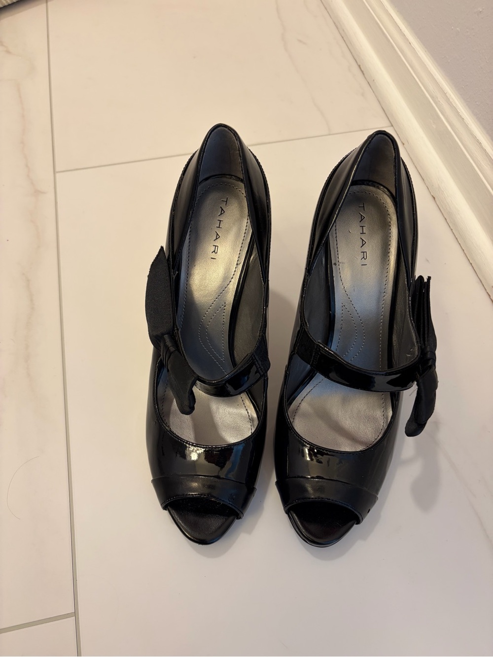 Tahari Black Patent Peep-Toe Heels with Bow Accent and Ankle Strap